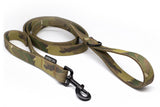 Camouflage patterned dog leash with a black clip on a white background
