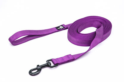 A purple extra long dog leash with a black latch, curled up on a white background.